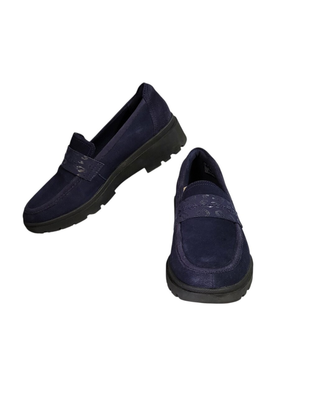 Clarks Calla Ease Loafer Shoes Slip On Sz 7.5 M Navy Blue Suede Leather Lug Sole